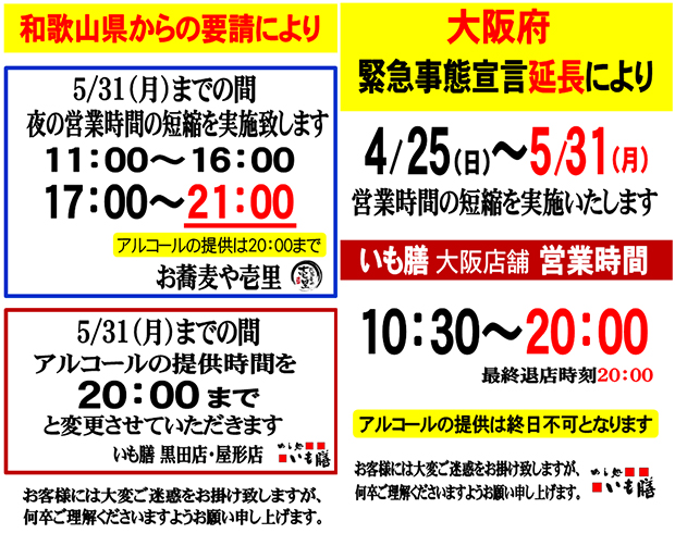 和歌山県からの要請及び大阪府緊急事態宣言発令 延長のお知らせ 藤本食品株式会社